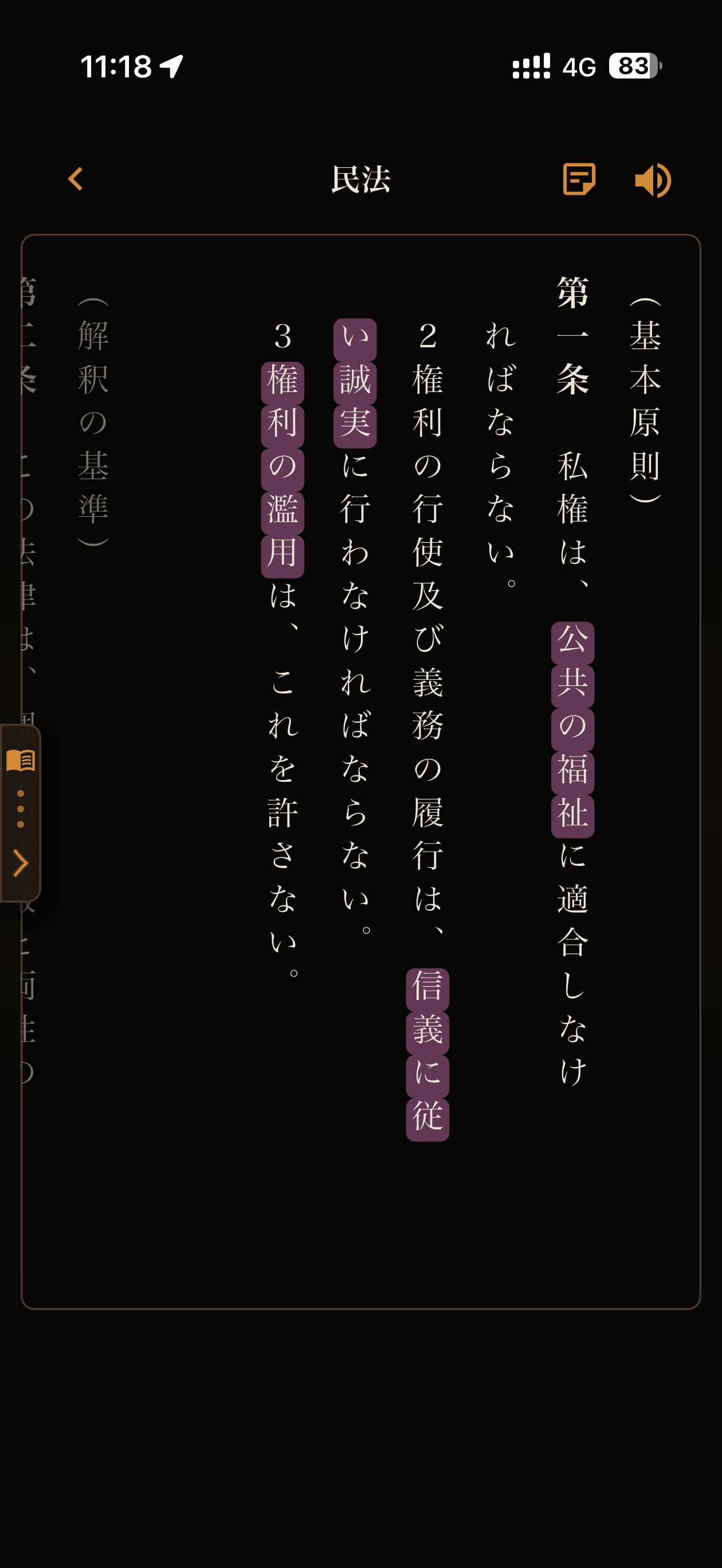 民法の重要語句にカラーマーカーを引いた縦書き画面